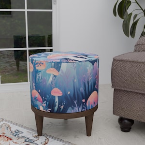 Blue footstool, Round ottoman bench, Functional pouf stool, Dining table chair, Small entryway pouf, Easy to assemble, Handmade footstool