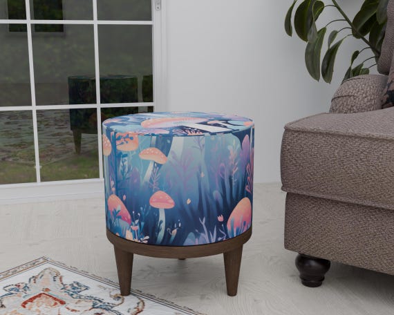 Blue Footstool, Round Ottoman Bench, Functional Pouf Stool, Dining