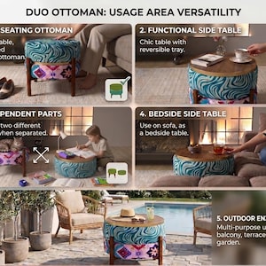 The image is a collage of five photos showcasing the versatility of a furniture piece called the "Duo Ottoman". The photos depict the furniture piece in various settings, including a full seating Ottoman, a functional side table, an independent parts table, a side table, and an outdoor table. The furniture piece is designed to be used in different spaces, such as a living room, patio, and bedroom, and can be used for outdoor enjoyment, as well as for indoor use.