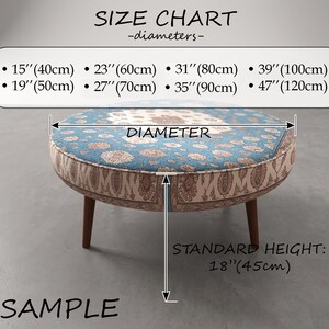 a round ottoman with a patterned design, along with measurements and a size chart indicating the dimensions of the ottoman in centimeters.
