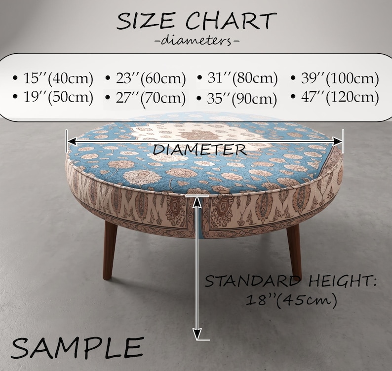 a round ottoman with a patterned design, along with measurements and a size chart indicating the dimensions of the ottoman in centimeters.