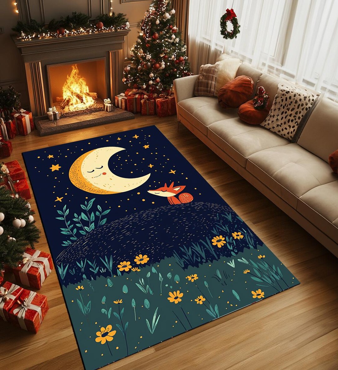 Sleeping Fox Night Sky Rug | Whimsical Living Room Area Carpet, RB-863 ...