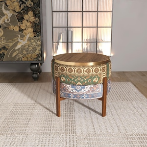 Olive Floral & Blue Kilim Ottoman | Convertible Wood Tray Stool