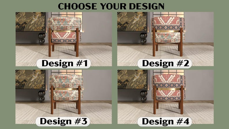 The image is a collage of four images, each depicting a different design of a chair. The chairs have a floral pattern on the seat and backrest. The images are arranged in a grid format, with each design displayed in a separate frame.