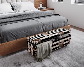 Striped Leopard Storage Ottoman Bench, Graphic Animal Print Upholstered Bench for Bedroom or Entryway RB 2103