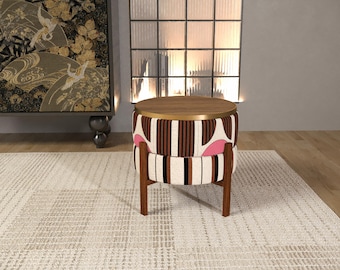 Abstract Pink Geo Reversible Pouf Ottoman | Brown Striped Side Table RB 2164/2175