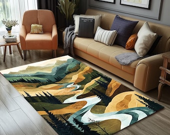 Nature print rug, Landscape rug, Rug for meditation, Family room rug, Bedroom rug, Anti slip backing rug, Washable rug, Cozy rug, RB-662