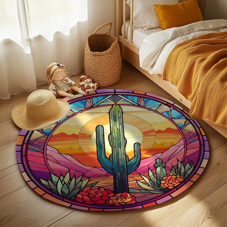 Nature inspired rug, Cactus print rug, Throw rug, Cool rug, Patio rug, Washable rug, Anti slip rug, Modern rug, Low pile rug, RB-851