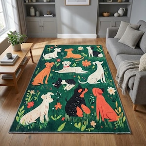 Dog print rug, Greenery rug, Gift for dog lover, Sustainable rug, Bedroom rug, Machine washable rug, Modern area rug, Anti slip rug, RB-1003