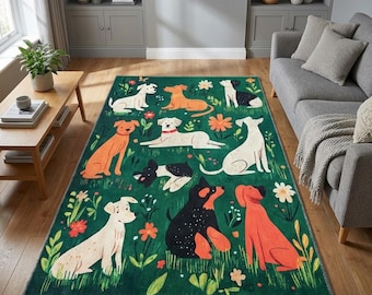 Teppich mit Hundemuster, Greenery Teppich, Geschenk für Hundeliebhaber, Nachhaltiger Teppich, Schlafzimmerteppich, Maschinenwaschbarer Teppich, Moderner Teppich, Anti-Rutsch-Teppich, RB-1003
