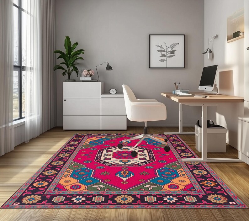 Desktop Rug Hot Pink Area Rug Features Navy Borders and Colorful Central Medallion ...