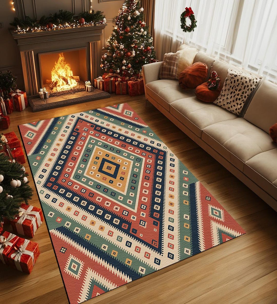Burnt Orange Rug, Surface Rug, Square Design Rug, Floor Covering Rug ...