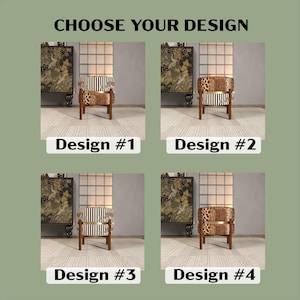 The image is a collage of four different designs of chairs, each with a unique pattern and color scheme.