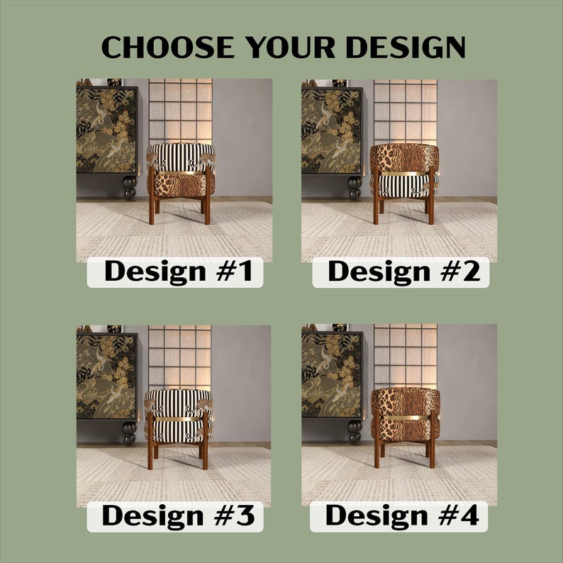 The image is a collage of four different designs of chairs, each with a unique pattern and color scheme.