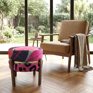 Puf reversible Maximalist Botanical Leaf / Asiento con base de roble y estampado de leopardo rosa RB 2107/2573