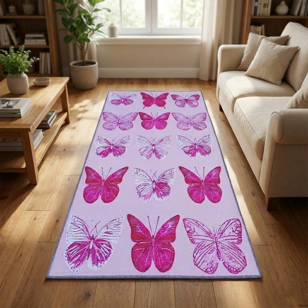 Buffy Rug Butterfly Print Rug, Pinky Rug, Girl Room Rug, Cute Rug, Bordered Rug ...