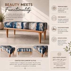 The image is a collage of three images showcasing a blue and white patterned ottoman or footstool with a wooden frame. The collage highlights the ottoman's design, functionality, and comfort, as well as its stylish and durable nature.