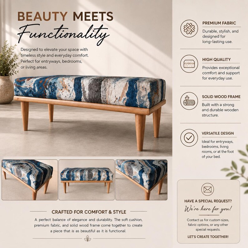 The image is a collage of three images showcasing a blue and white patterned ottoman or footstool with a wooden frame. The collage highlights the ottoman's design, functionality, and comfort, as well as its stylish and durable nature.