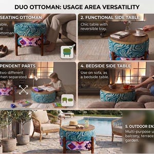 The image is a collage of five photos showcasing the versatility of a furniture piece called the "Duo Ottoman". The photos depict the furniture piece in various settings, including a full seating Ottoman, a functional side table, an independent parts table, a side table, and an outdoor table. The furniture piece is designed to be used in different spaces, such as a living room, patio, and bedroom, and can be used for outdoor enjoyment, as well as for indoor use.