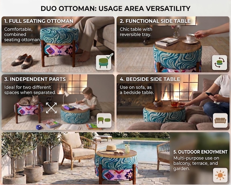 The image is a collage of five photos showcasing the versatility of a furniture piece called the "Duo Ottoman". The photos depict the furniture piece in various settings, including a full seating Ottoman, a functional side table, an independent parts table, a side table, and an outdoor table. The furniture piece is designed to be used in different spaces, such as a living room, patio, and bedroom, and can be used for outdoor enjoyment, as well as for indoor use.