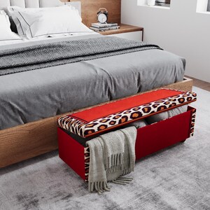 Red Storage Ottoman Bench with Leopard Trim, Upholstered End of Bed Bench with Hidden Compartment RB 2130