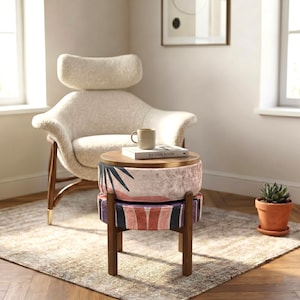 Abstrakte Wüstenlandschaft Wende Pouf | Retro Bogen Holzbein Ottomane RB 1314/1691