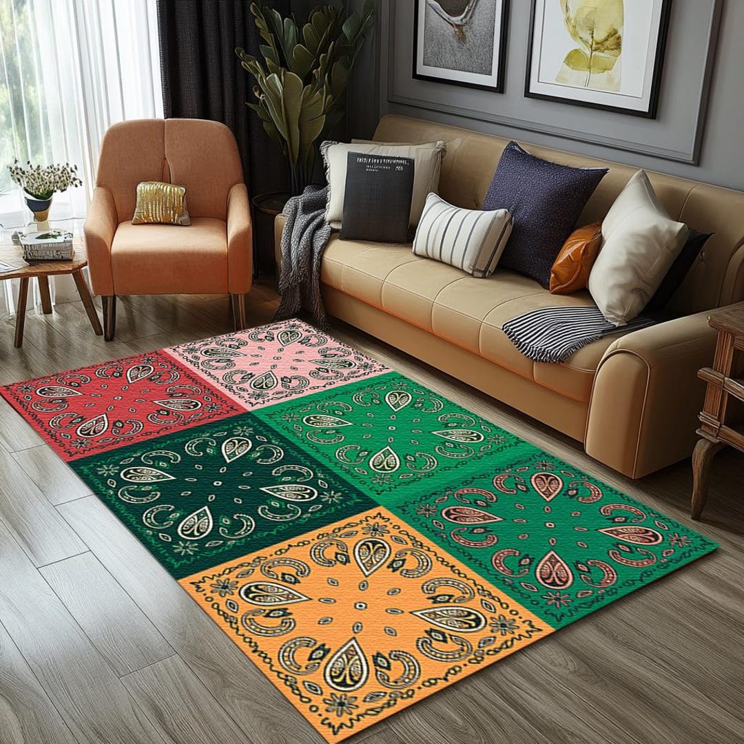 Washable Colorful Bandana Print Rug | Nonslip Patchwork Boho Carpet, RB ...