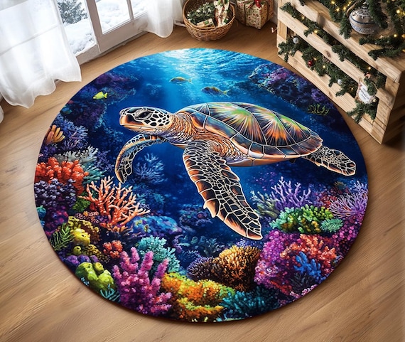 Ocean themed rug, Sea turtle print rug, Round rug, Pictorial rug, Underwater rug, Bedroom rug, Living room rug, Non slip rug, RB-398