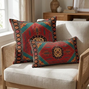 Rust and teal tribal pillow cover for rustic living room sofa decor, RB-2191