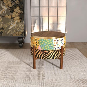 Patchwork Design Seat | Reversible Wood Tray Lid | Animal Print Base Stool