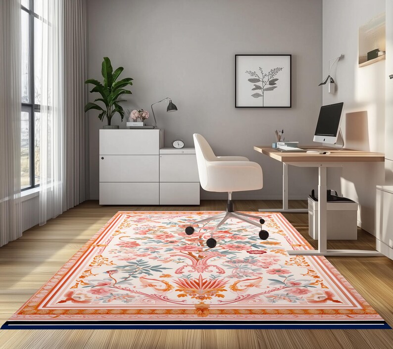 Floral rug, Vintage inspired rug, Pinky rug, Authentic rug, Versatile rug, Surface rug, Washable rug, Latex backing rug, Runner rug, RB-993