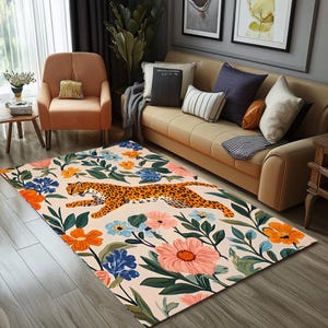 Leopard print rug, Jungle rug, Illustrated rug, Wild flower rug, Anti slip rug, Living room rug, Washable rug, Everyday use rug, RB-807