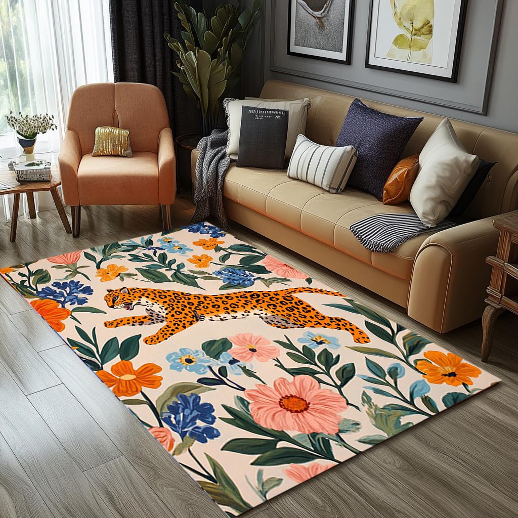 Leopard Print Rug, Jungle Rug, Illustrated Rug, Wild Flower Rug