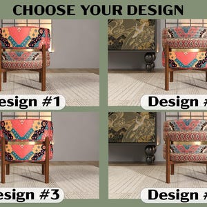 The image is a collage of four images, each featuring a chair with a different design. The chairs have a colorful, patterned seat and legs, and are placed on a rug. The collage is titled "Choose Your Design" and includes the text "Design #1", "Design #2", "Design #3", and "Design #4".