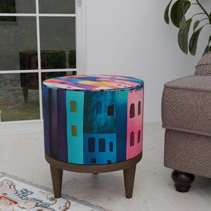 Apartment print stool, Porch footstool, Round ottoman pouf, Portable footrest, Functional round seat, Indoor bench seating, Unique footstool