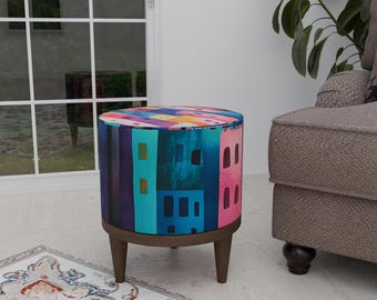 Apartment print stool, Porch footstool, Round ottoman pouf, Portable footrest, Functional round seat, Indoor bench seating, Unique footstool