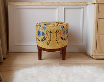 Yellow footrest, Flower motif pouf, Vintage style stool, Bedroom pouf, Housewarming seating, Primitive round chair, Long lasting stool