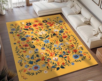 Yellow background rug, Stylish area rug, Non slip backing rug, Layering rug, Rectangle shape rug, Home office rug, Vibrant rug, RB-715