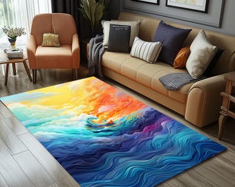 Tapijt met zeeprint, cool tapijt, felle kleuren tapijt, esthetisch tapijt, vrouwelijk tapijt, antislip tapijt, laagpolig tapijt, wasbaar loper tapijt, RB-1295