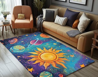 Vloerkleed met zonnepatroon, vloerkleed met sterrenstelselprint, moderne decoratie, antislip rugtapijt, onderhoudsvriendelijk vloerkleed, salontapijt, eigentijds tapijt, RB-529