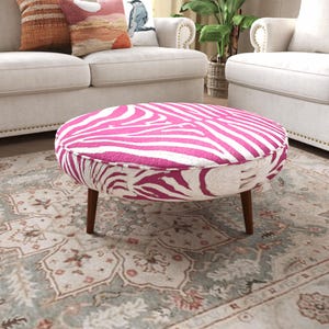 Pink Zebra Coffee Table | Round Upholstered Mid Table | Playful Modern Lounge Furniture Accent