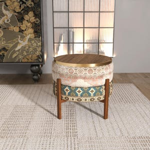 Inviting Pastel Peach Footstool | Clever Teal Blue Polished Timber Tray Seat