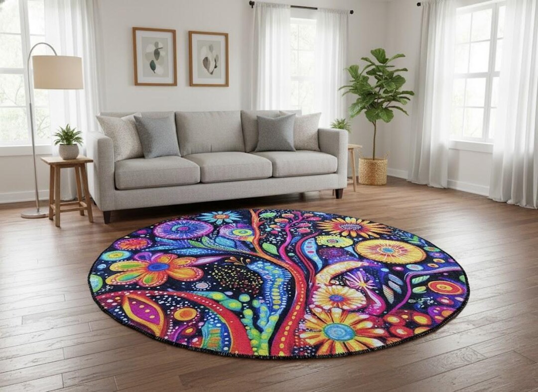 Light Color Rug, Round Rug, Rustic Rug, Botanical Rug, Movie Room Rug ...
