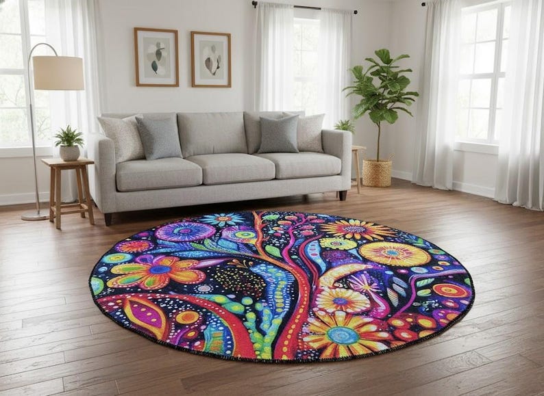 Light color rug, Round rug, Rustic rug, Botanical rug, Movie room rug, Eclectic rug, Utility home decoration rug, Bright area rug, RB-235