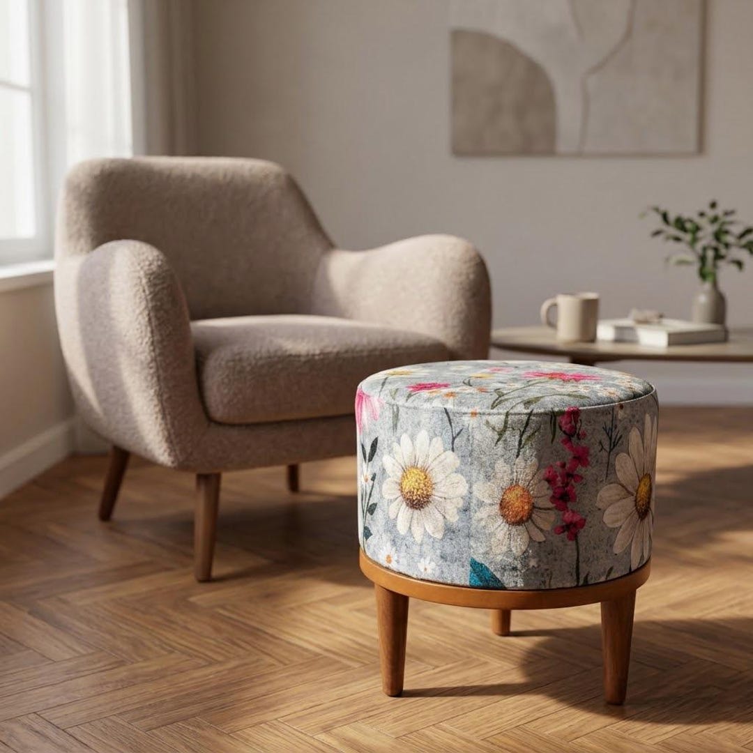 Floral Round Ottoman, Gray Upholstered Footstool, Modern Designer Bench ...