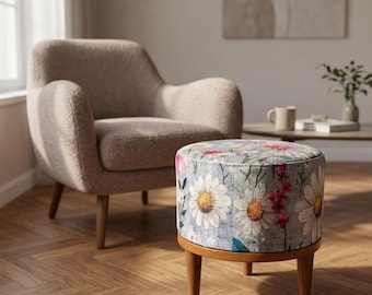 Floral Round Ottoman, Gray Upholstered Footstool, Modern Designer Bench