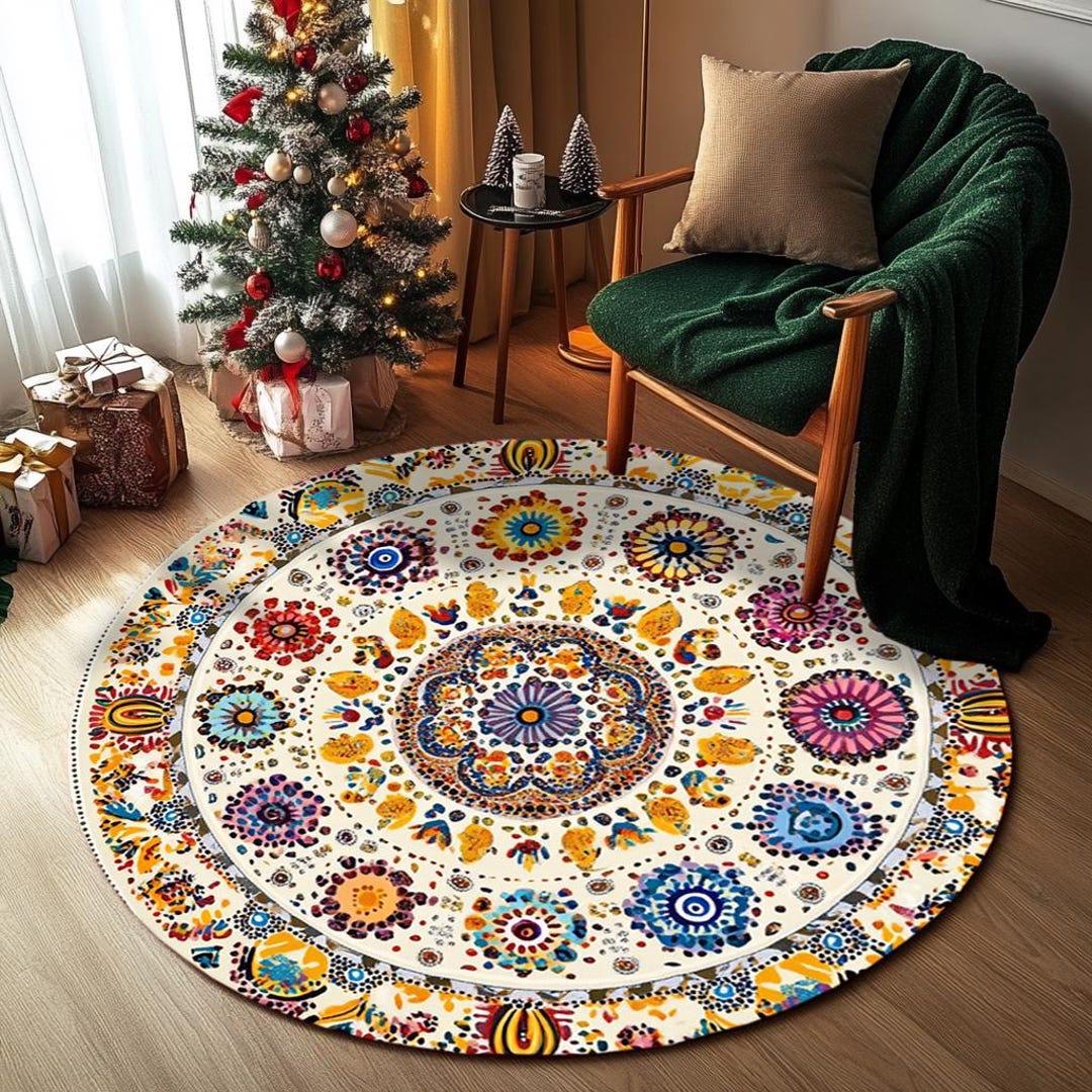 Colorful Rug, Floral Rug, Vintage Theme Rug, Chic Round Rug, Print Rug ...