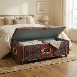 Vintage Turkish Kilim Storage Bench Ottoman for Bedroom Entryway Living Room, Boho Ethnic Upholstered Bench with Hidden Storage RB 2244