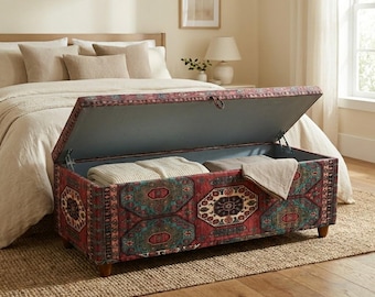 Vintage Turkish Kilim Storage Bench Ottoman for Bedroom Entryway Living Room, Boho Ethnic Upholstered Bench with Hidden Storage RB 2244