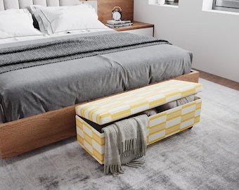 Yellow Checkered Ottoman Bench - Upholstered Seat with Hidden Storage RB 2152